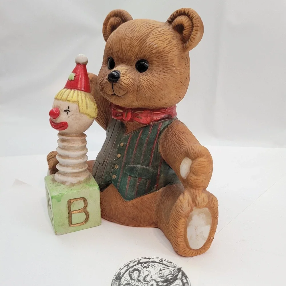 Vintage Ceramic Teddy Bear Music Box Jack-in-the-Box Figurine Taiwan Brown Green